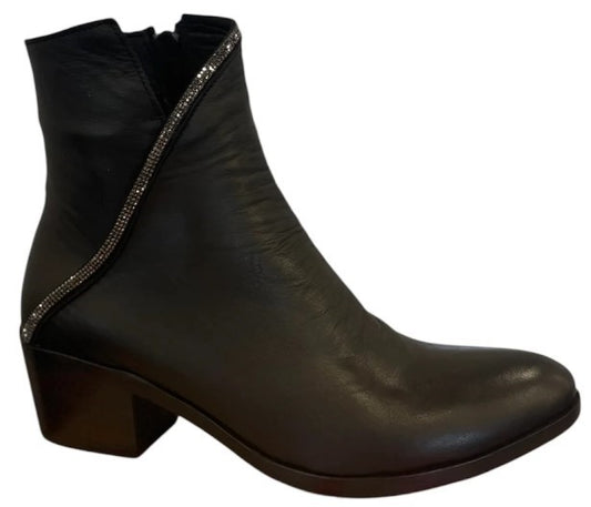 Black leather ankle boot with block heel and bejeweled trim.