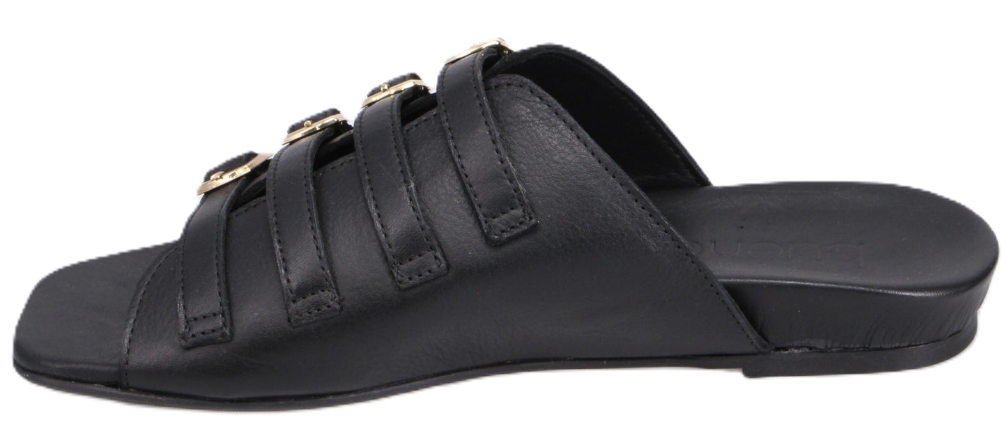 A black sandal with triple straps and gold buckles.