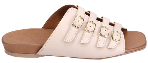 A slide sandal with three straps and a gold buckle.
