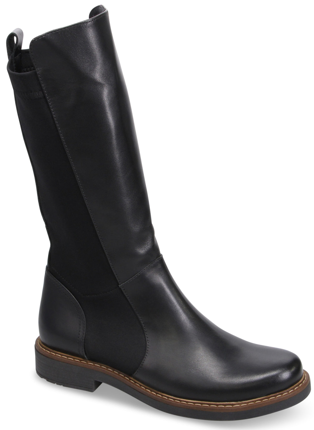 A black, knee-high leather boot with a round toe, flat heel, and elastic side panel, featuring a visible brown welt stitching detail.