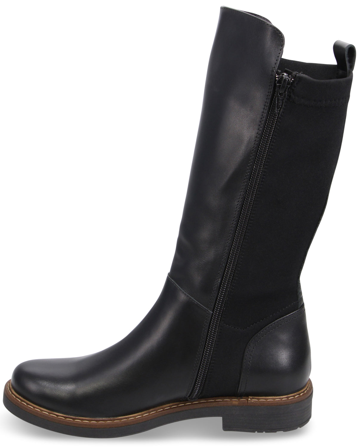 A black leather calf-high boot with a side zipper, a round toe, a flat stacked sole with a brown welt, and a stretch fabric back panel.