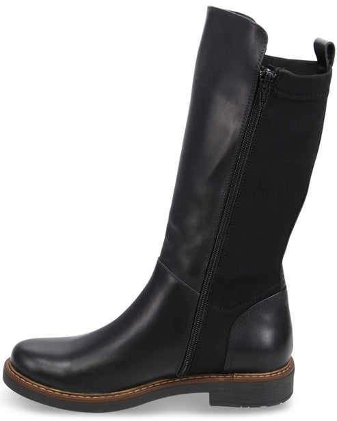 A black leather calf-high boot with a side zipper, a round toe, a flat stacked sole with a brown welt, and a stretch fabric back panel.