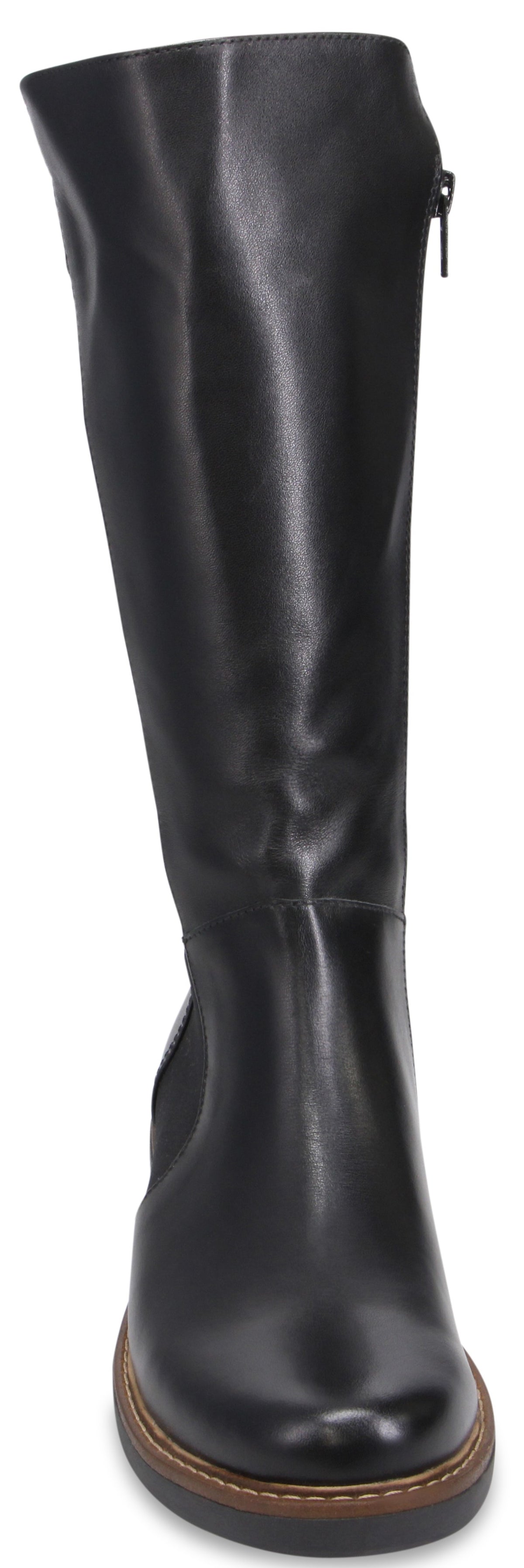 A black, knee-high boot made of smooth leather, featuring a side zipper, a round toe, and a low, brown stacked heel with visible stitching along the sole.
