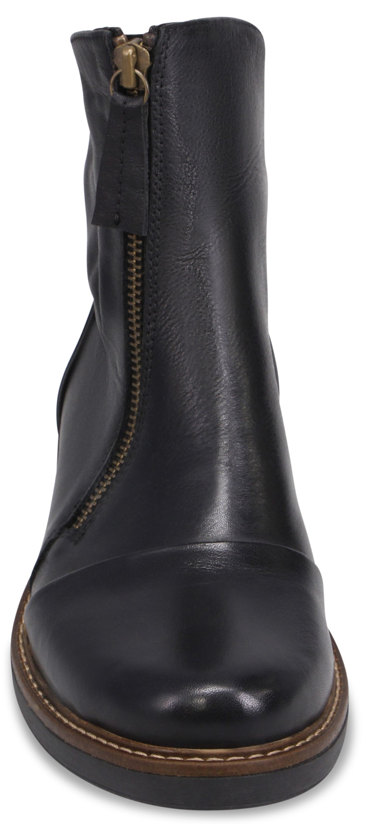 A black leather ankle boot with a rounded toe, a visible front-facing vertical zipper, and a dark, sturdy rubber sole with visible brown stitching along the welt.