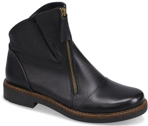 A black leather ankle boot with a rounded toe, a zipper closure running vertically up the front, and a contrasting brown stitched welt above a black low block heel.