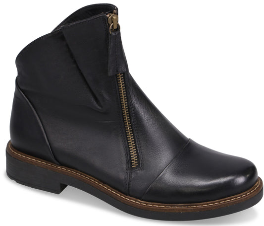 A black leather ankle boot with a rounded toe, a zipper closure running vertically up the front, and a contrasting brown stitched welt above a black low block heel.