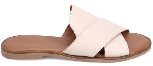 A slide sandal with thick, criss-crossing straps.
