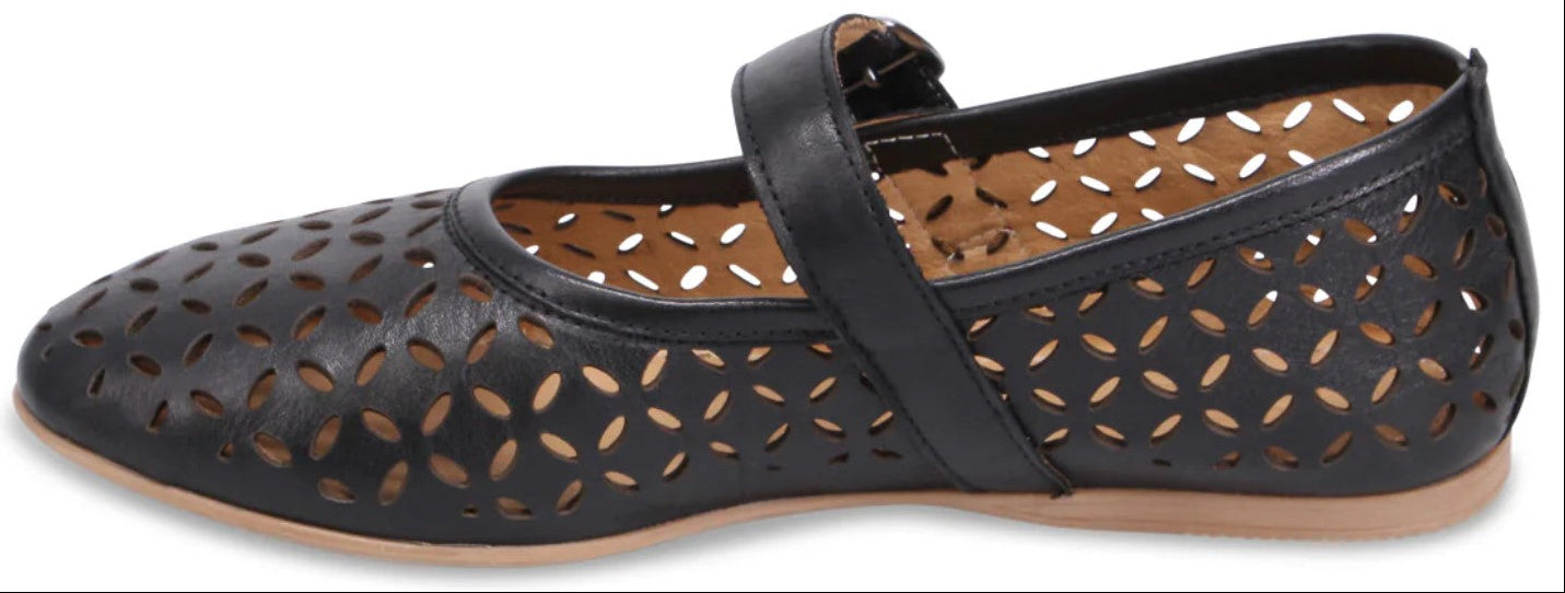 A women's black leather Mary Jane flat shoe with decorative cutouts.