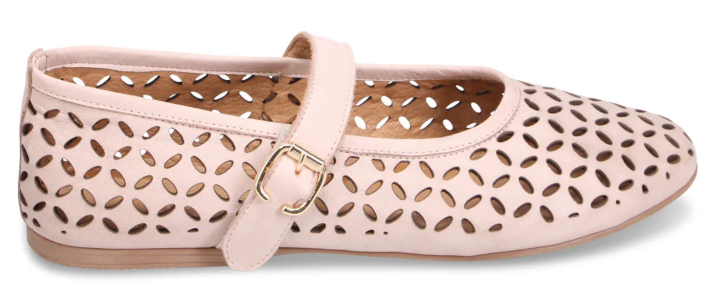 A light pink Mary Jane shoe with a strap and buckle, featuring flower-shaped cutouts.