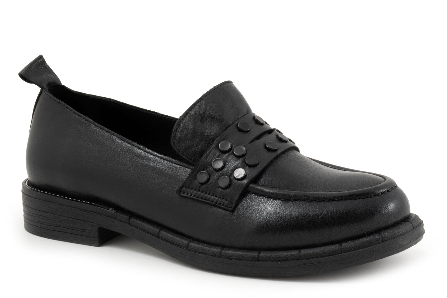 Black loafer with studded strap, low heel, and pull tab.