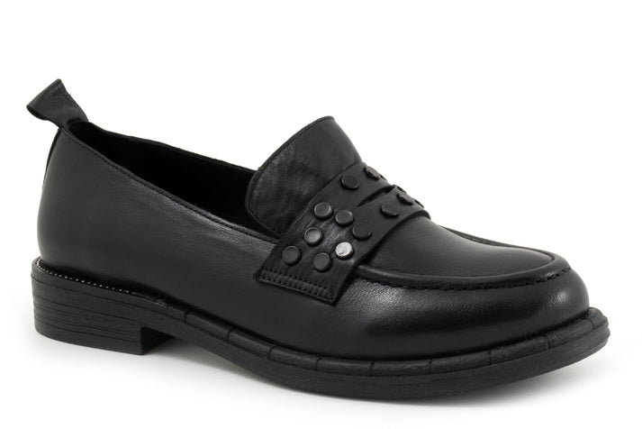 Black loafer with studded strap, low heel, and pull tab.