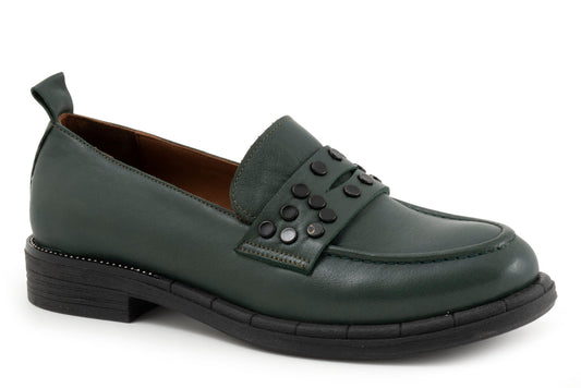 Green leather loafer with studded strap and low heel.