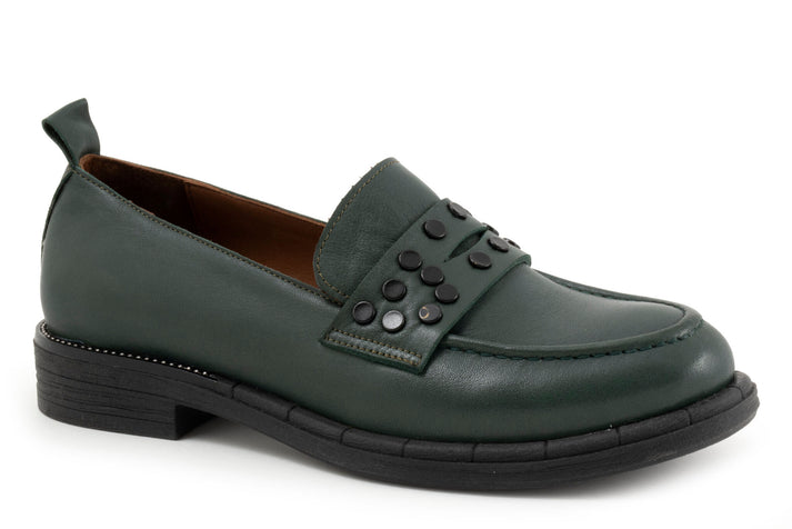 Green leather loafer with studded strap and low heel.