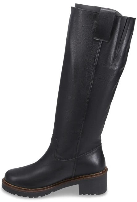 A black leather knee-high boot with a rounded toe, a low block heel, and a thick lug sole, featuring a side tab detail at the top shaft.