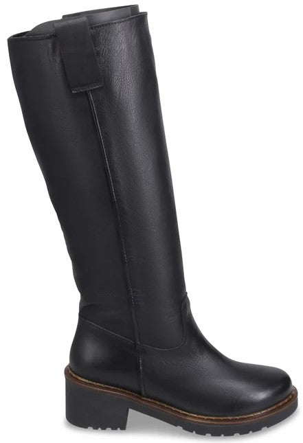 A black knee-high boot with a rounded toe, a block heel, and a lug sole.