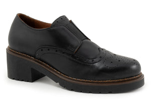 Black leather women's platform oxford with a 2 inch block heel.