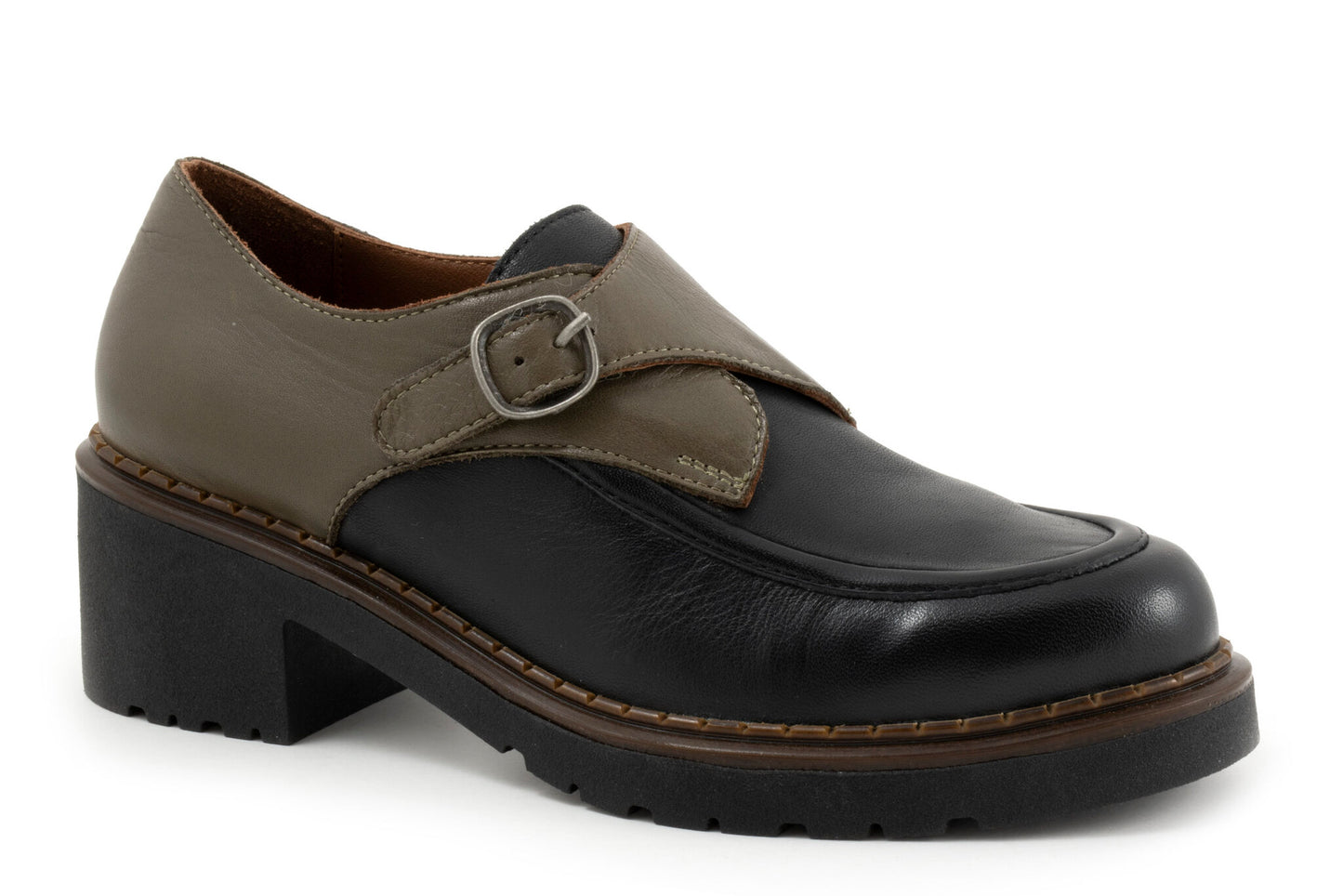 Black and gray leather loafer with buckle and block heel.