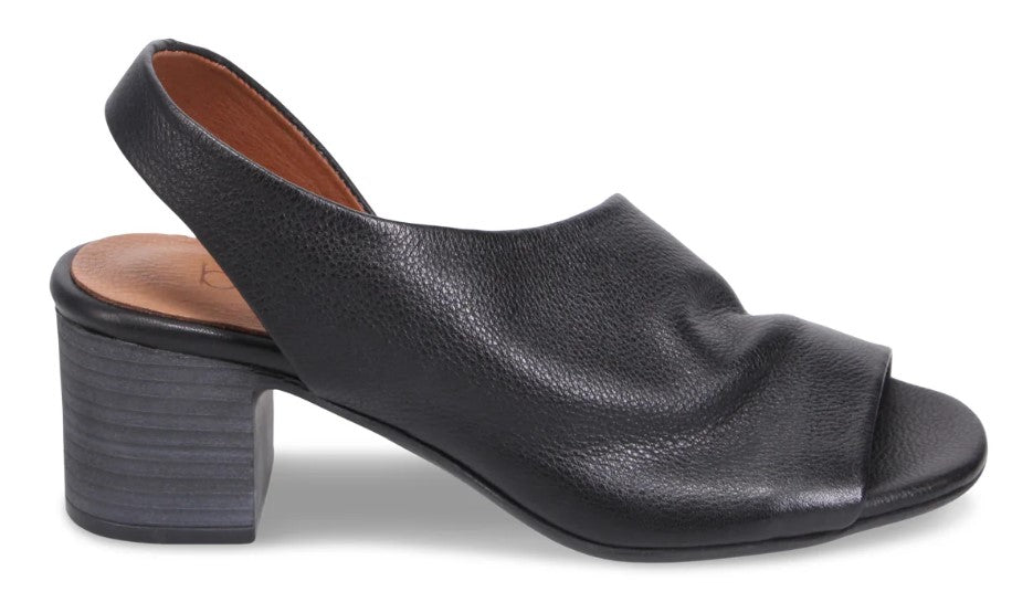 Black leather sandal with slingback heel and block heel.