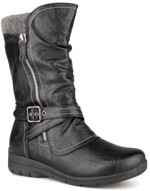 A black mid-calf slouch boot featuring a gray knit cuff at the top, a vertical side zipper with decorative stitching, and a buckled strap across the lower ankle.