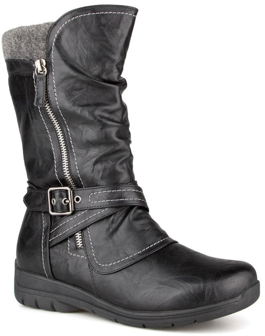 A black mid-calf slouch boot featuring a gray knit cuff at the top, a vertical side zipper with decorative stitching, and a buckled strap across the lower ankle.