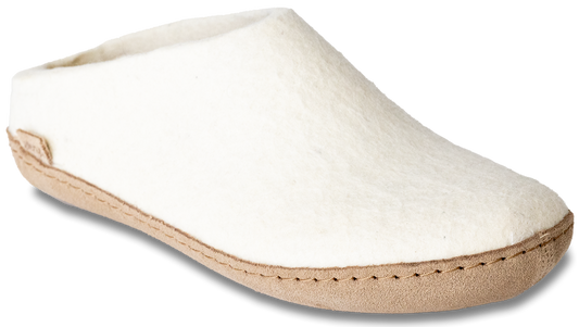 White felt slipper with a brown sole.