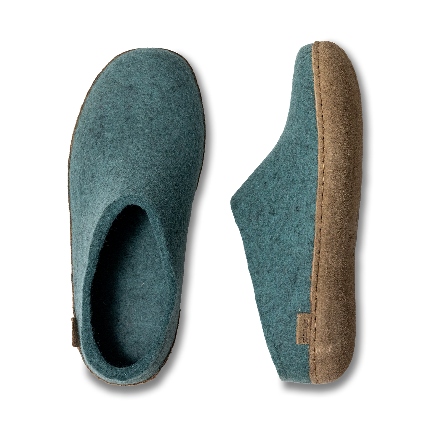 Two teal, felt, house slippers, one shows the top and inside, the other shows the side and sole.