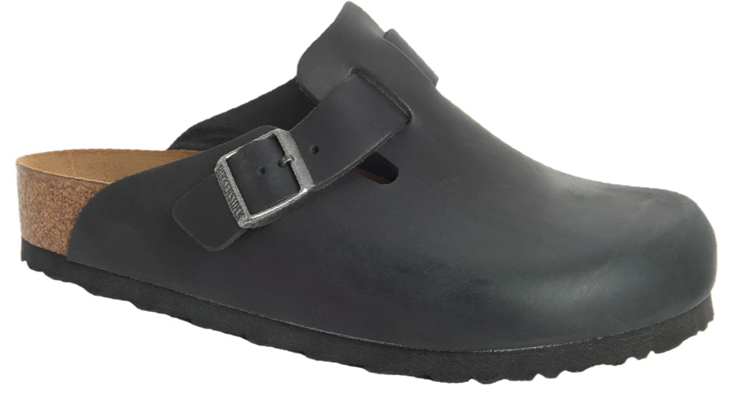 Black clog with an adjustable silver buckle, cork footbed, and black sole.