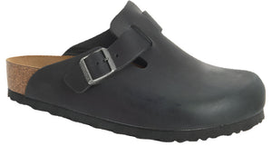 Black clog with an adjustable silver buckle, cork footbed, and black sole.