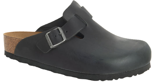 Black clog with an adjustable silver buckle, cork footbed, and black sole.