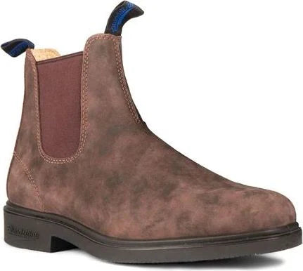 Ankle-high brown suede Chelsea boot with blue pull loops.