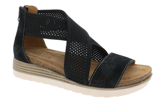 Black sandal with crisscross straps, wedge heel, and back zipper.