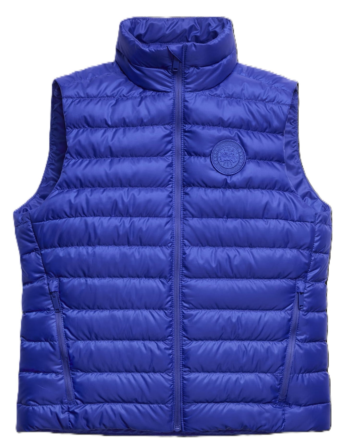 A royal blue quilted puffer vest with a stand collar and a zipper closure.