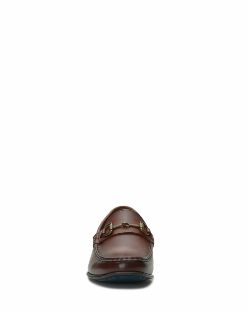 Close-up of brown leather loafer with gold-colored horse-bit hardware across the vamp.