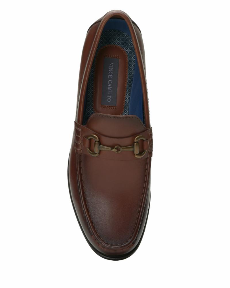 Brown leather loafer with metal buckle.