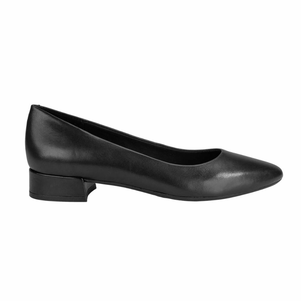 Black leather women's pump with a short, stacked heel.