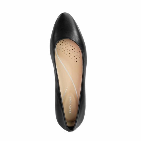Top-down view of a black pointed-toe flat shoe, revealing its insole with small perforations and a curved arch support.