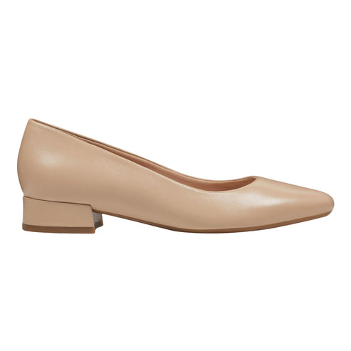 Nude leather pump with a low, block heel.