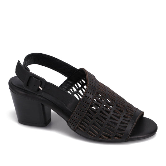 Black heeled sandal with patterned vamp and slingback strap.