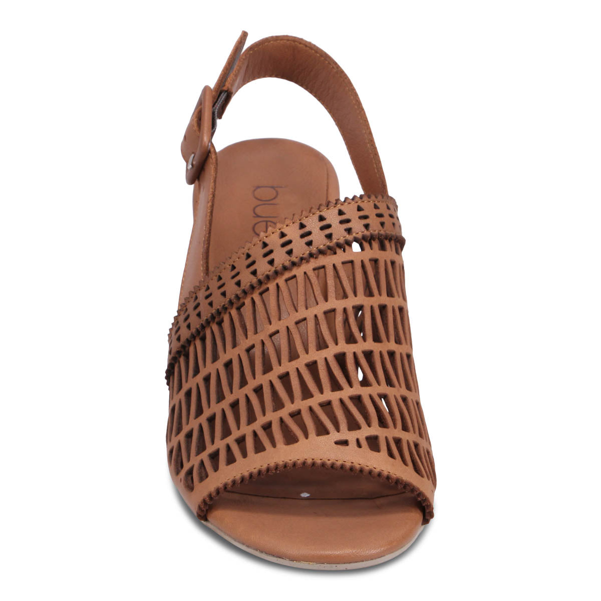 Tan-colored sandal with geometric cutout details and slingback strap.