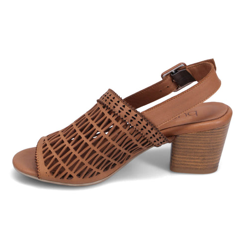 Tan leather sandal with block heel and cut out design.