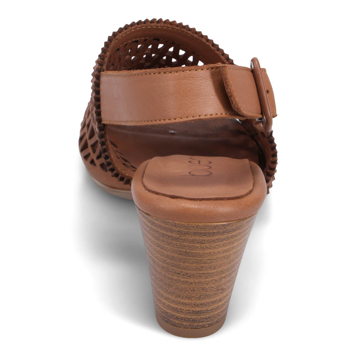 Tan leather sandal with a block heel, and an adjustable strap.