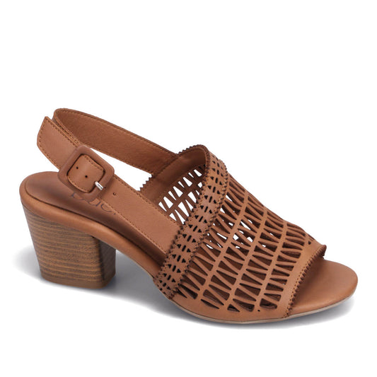 Brown leather heeled sandal with an adjustable ankle strap and decorative weaving.