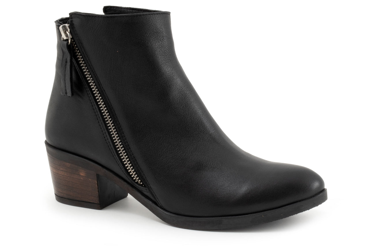 Black ankle boot with a side zipper and a stacked heel.
