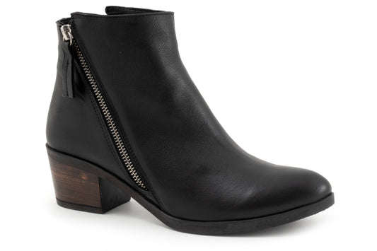 Black ankle boot with a side zipper and a stacked heel.