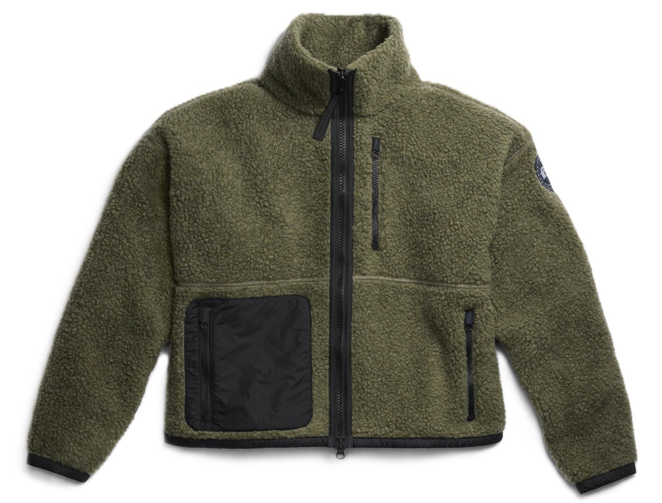 Olive green sherpa jacket with black pocket and zipper.