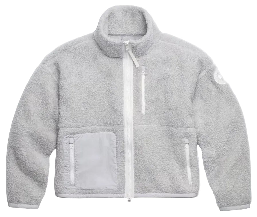 Gray fleece jacket with white zipper.