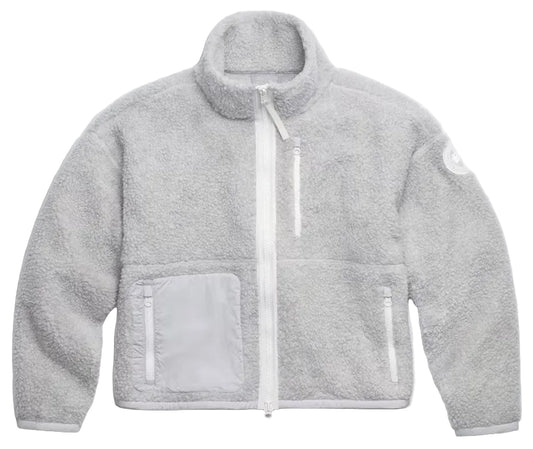 Gray fleece jacket with white zipper.