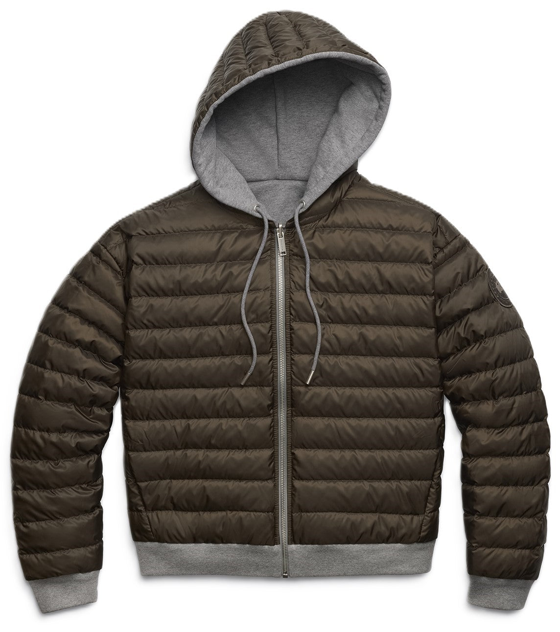 Brown hooded puffer jacket with gray lining and zipper closure.