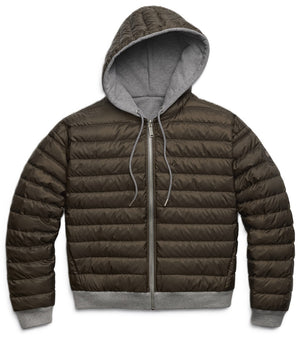 Brown hooded puffer jacket with gray lining and zipper closure.
