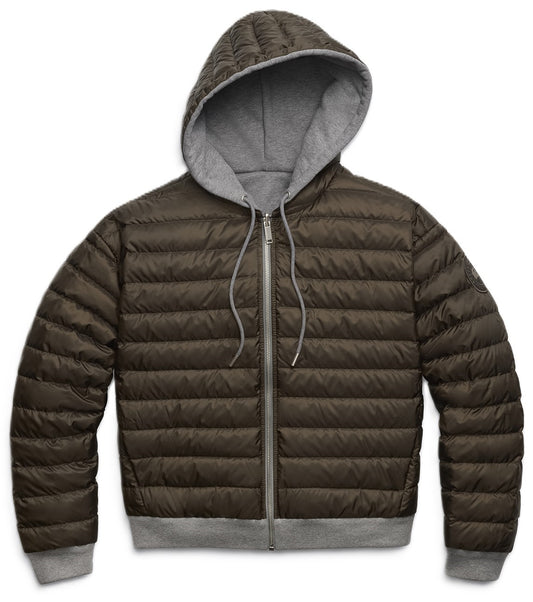 Brown hooded puffer jacket with gray lining and zipper closure.